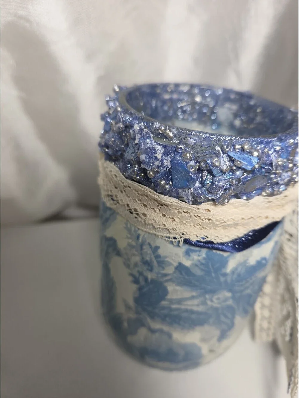 Cottagecore Decoupage Glass Jar  Wood Flower Centerpiece Upcycled Vase Decor